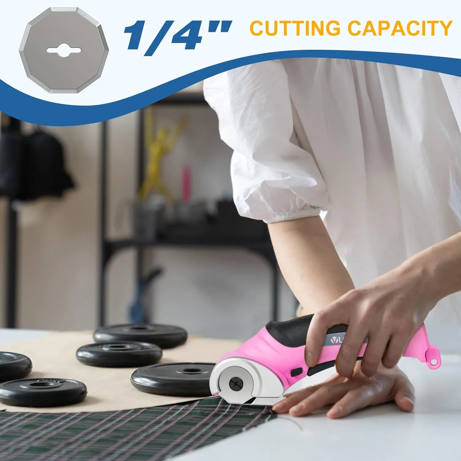 Cordless Electric Scissors, VLOXO Cardboard Cutter with Safety Lock 4.2V Electric Mini Cutter Rechargeable Rotary Cutter for Leather Felt Rug Box with Storage Box Pink