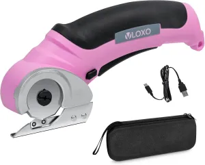 Cordless Electric Scissors, VLOXO Cardboard Cutter with Safety Lock 4.2V Electric Mini Cutter Rechargeable Rotary Cutter for Leather Felt Rug Box with Storage Box Pink