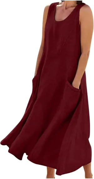 Cotton Line Dresses for Women 2023 Casual Summer Sleeveless Beach Flowy Sundress with Pockets Loose Tank Dress