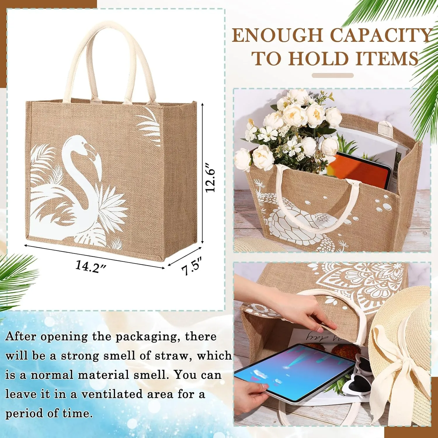 Coume 6 Pack Beach Burlap Tote Bags Bulk Large Beach Jute Tote Bag with Handles 14.2" x 12.6" x 7.5" for DIY Bridesmaid Gift(Main White)