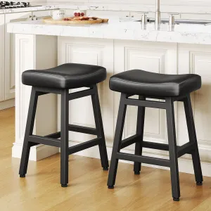 Counter Height Bar Stools Set of 2, 24 Inch Barstools for Kitchen Counter, Kitchen Stools with Bonded Leather Saddle Seats & Heavy Duty Metal Legs, Easy Assembly, All Black