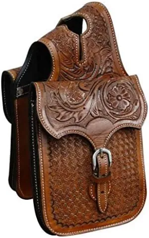 Cow Hide Genuine Leather Western Trail Tooling Carving Horse Saddle Bag, Size: 10” L x 10” W x 3 ½” D M106