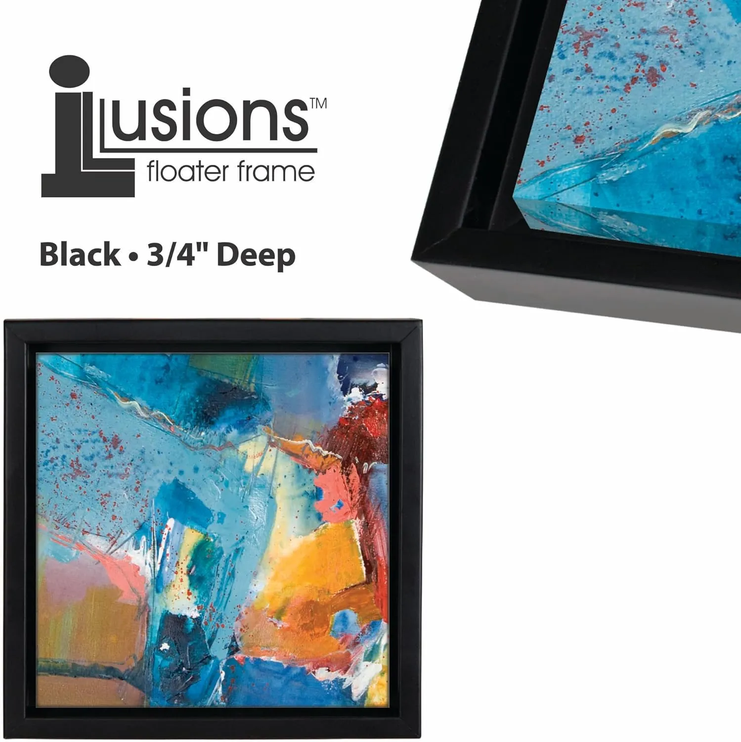 Creative Mark Illusions Floater Frame For 3/4" Deep Canvases - 12x12 Black - Ideal for Galleries and Home Decor - Wood Float Frame for Canvas Paintings- Complete Hanging Hardware