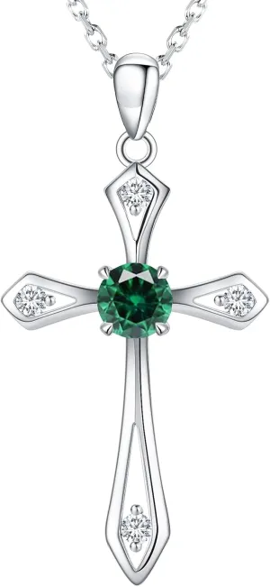 Cross Necklace for Women,925 Sterling Silver Birthstone Necklace with Diamond Faith Religious Birthstone Jewelry Birthday Holiday Gifts for Her/Wife/Mom/Girlfriend