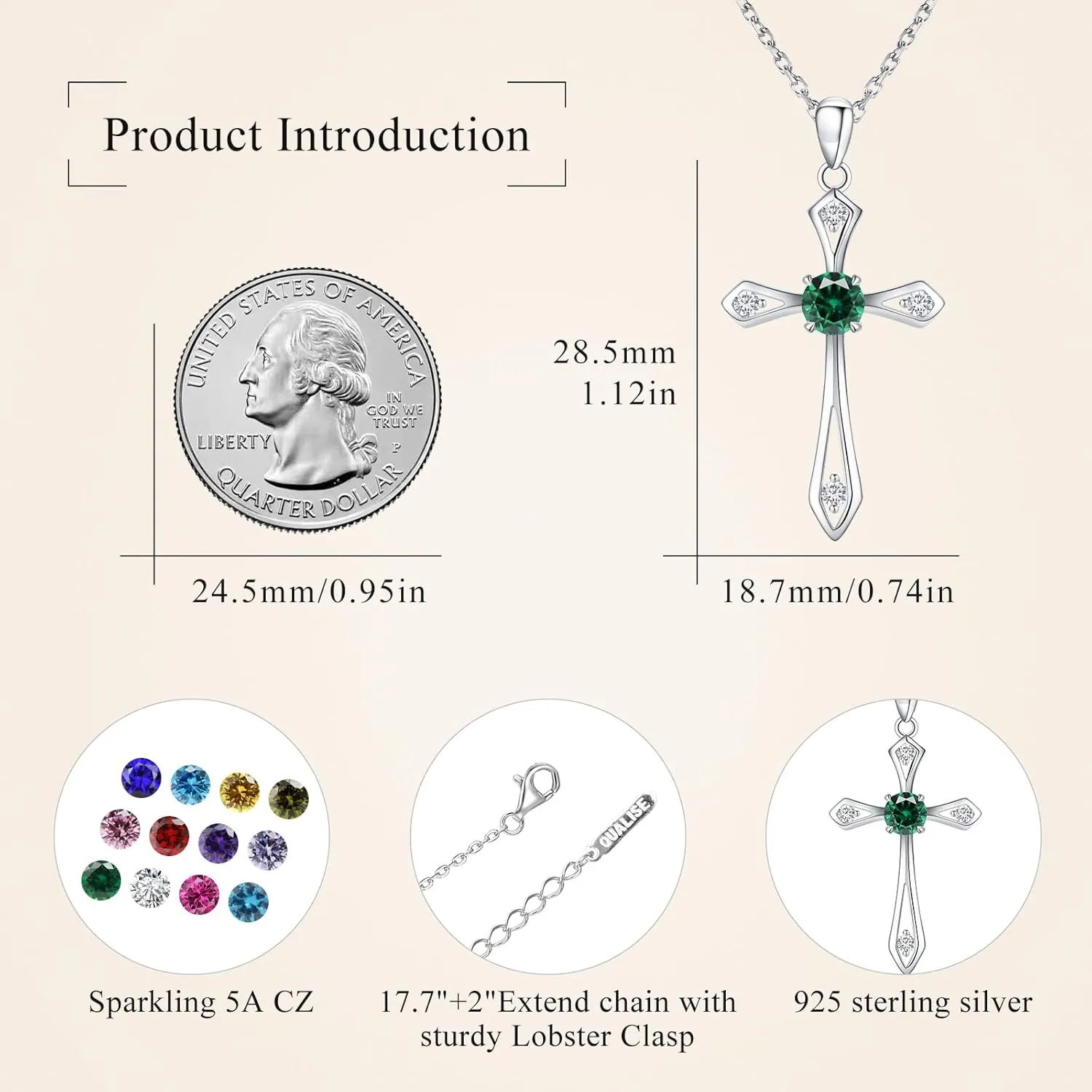 Cross Necklace for Women,925 Sterling Silver Birthstone Necklace with Diamond Faith Religious Birthstone Jewelry Birthday Holiday Gifts for Her/Wife/Mom/Girlfriend