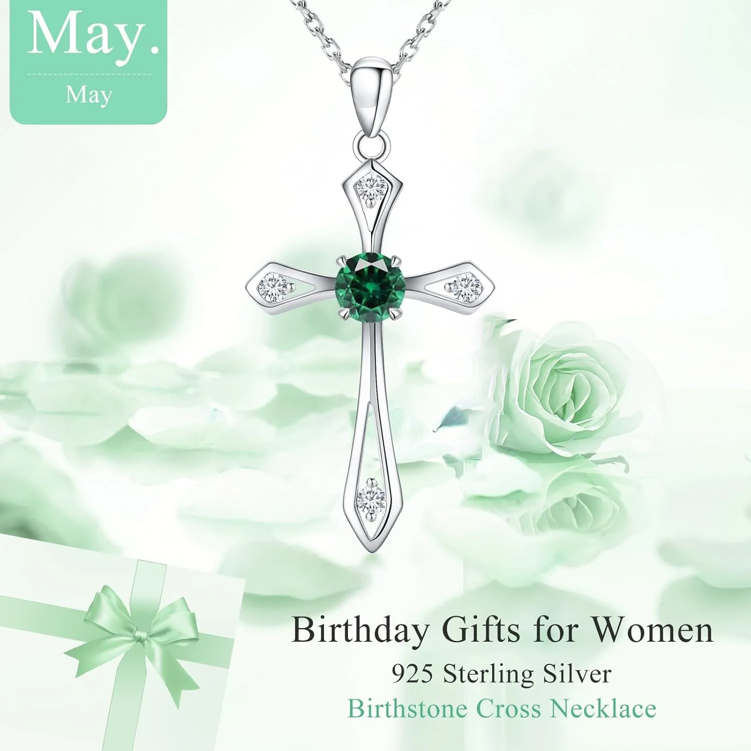 Cross Necklace for Women,925 Sterling Silver Birthstone Necklace with Diamond Faith Religious Birthstone Jewelry Birthday Holiday Gifts for Her/Wife/Mom/Girlfriend