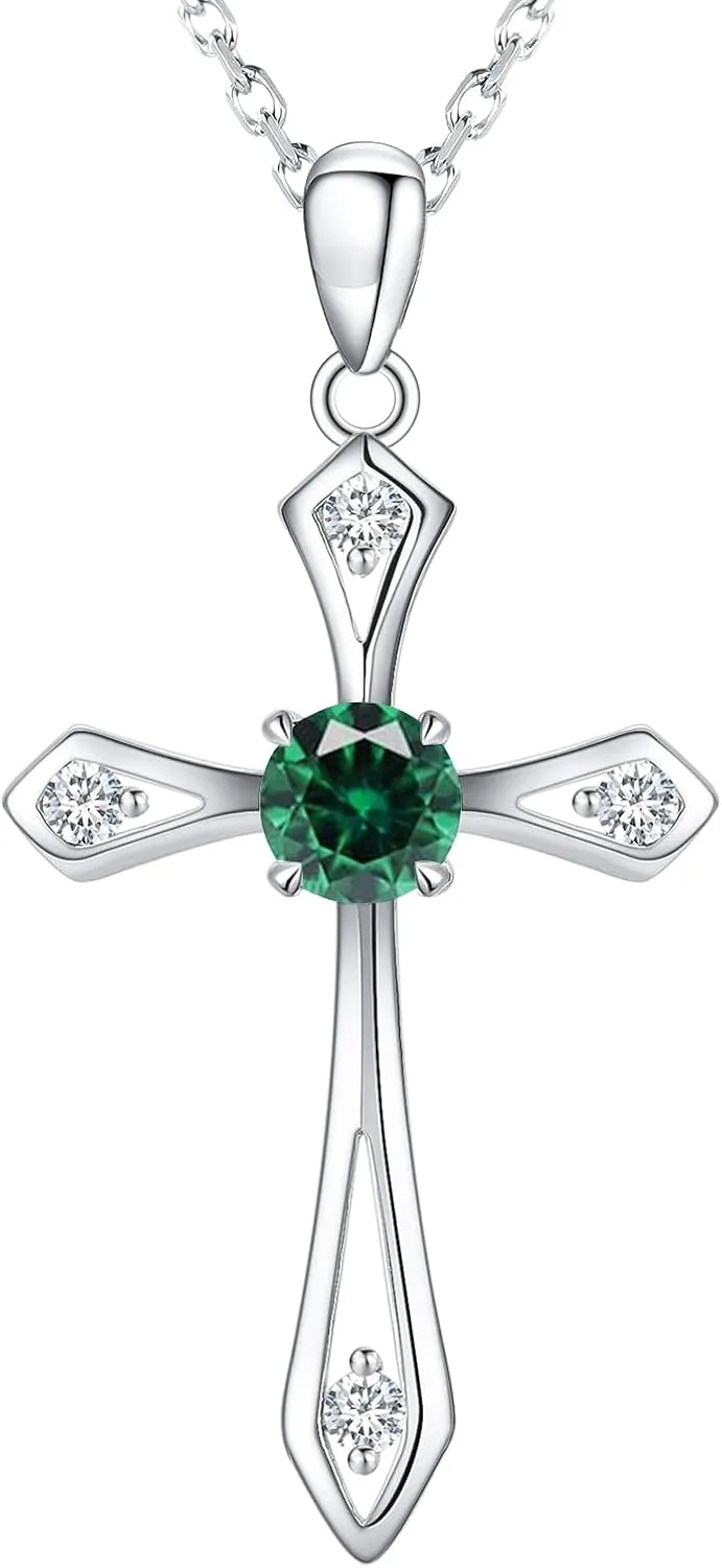 Cross Necklace for Women,925 Sterling Silver Birthstone Necklace with Diamond Faith Religious Birthstone Jewelry Birthday Holiday Gifts for Her/Wife/Mom/Girlfriend