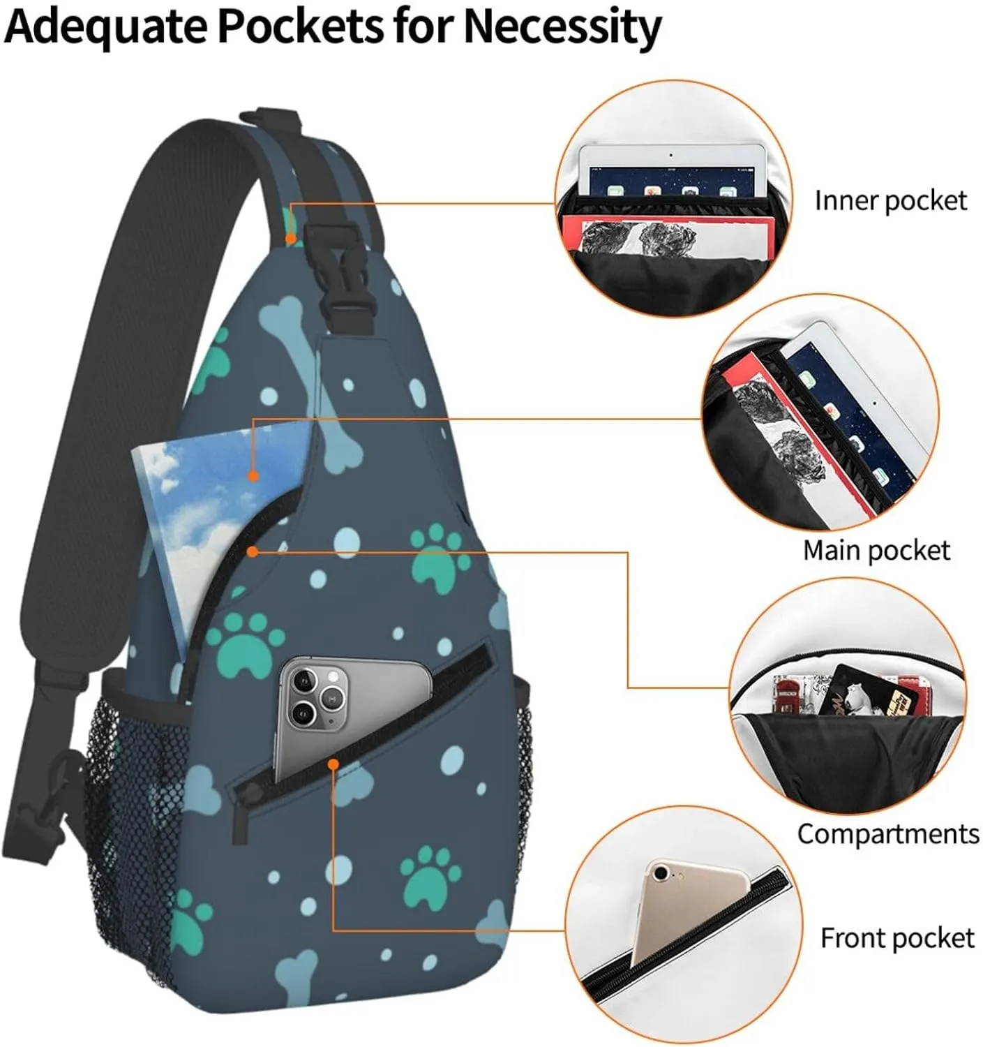 Crossbody Sling Bag for Men Women, Bone Dog Foot Sling Backpack Shoulder Chest Bag, Anti Theft Travel Hiking Daypacks