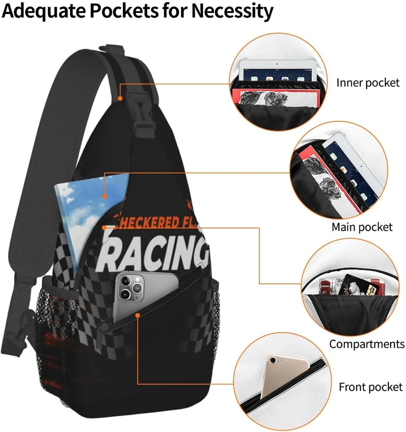 Crossbody Sling Bag for Men Women, Racing Flag Speed Race Car Sling Backpack Shoulder Chest Bag, Anti Theft Travel Hiking Daypacks