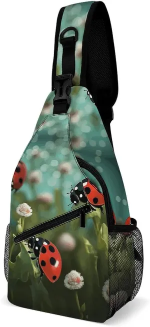 Crossbody Sling Bag Ladybug Landscape Sling Backpack Shoulder Chest Bag Casual Chest Bag with Adjustable Shoulder Strap Fanny Packs for Outdoors Hiking Traveling