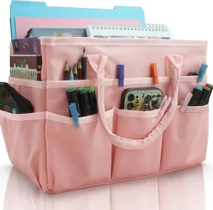 Cupohus Art Organizer Craft Storage Tote Bag with Pockets and Handles, Oxford Fabric Carrying Caddy for Teacher, Officer, Artist, Traveler, and more –Pink