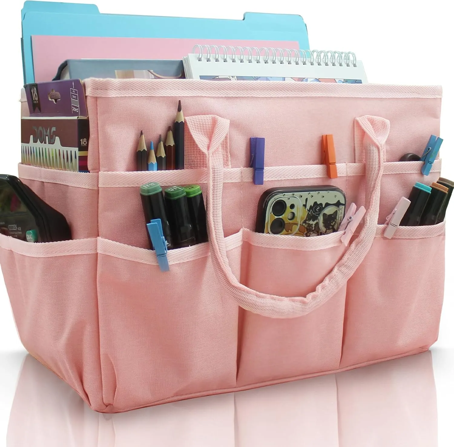 Cupohus Art Organizer Craft Storage Tote Bag with Pockets and Handles, Oxford Fabric Carrying Caddy for Teacher, Officer, Artist, Traveler, and more –Pink