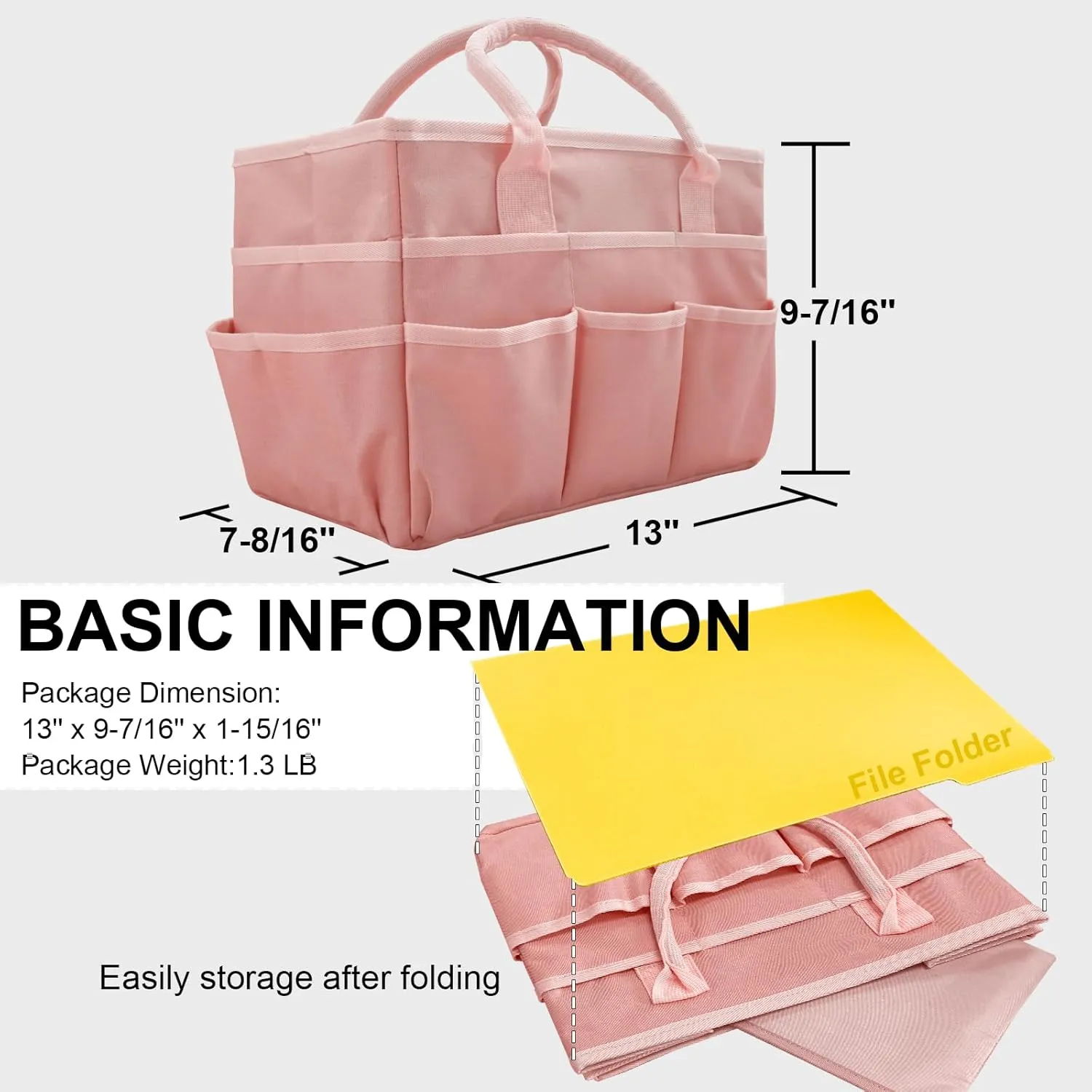 Cupohus Art Organizer Craft Storage Tote Bag with Pockets and Handles, Oxford Fabric Carrying Caddy for Teacher, Officer, Artist, Traveler, and more –Pink