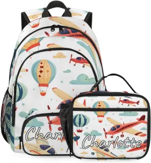 Custom Airplane Backpack and Lunch Box Set Personalized Backpack with Name, Customized Airplane Retro Lightweight Waterproof Travel Casual Daypacks