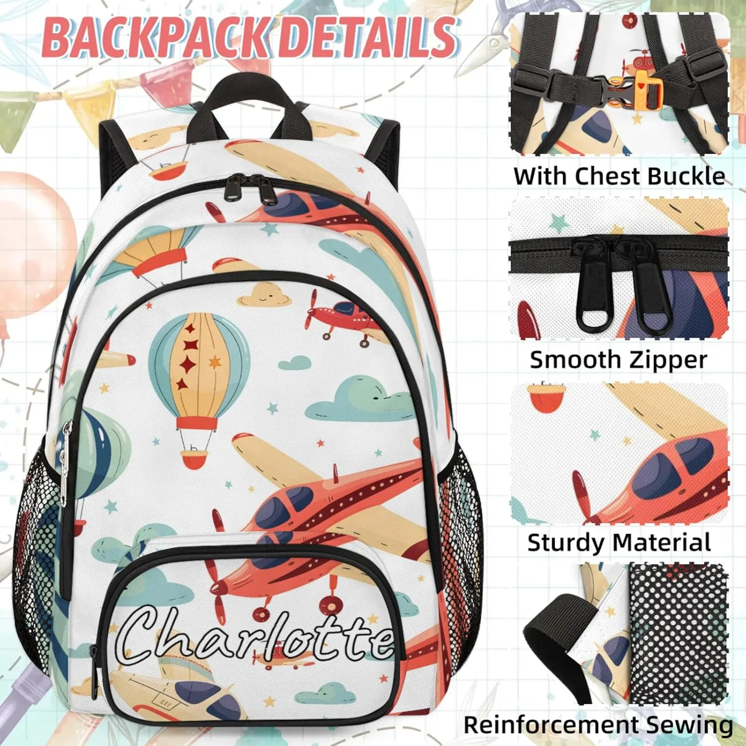 Custom Airplane Backpack and Lunch Box Set Personalized Backpack with Name, Customized Airplane Retro Lightweight Waterproof Travel Casual Daypacks