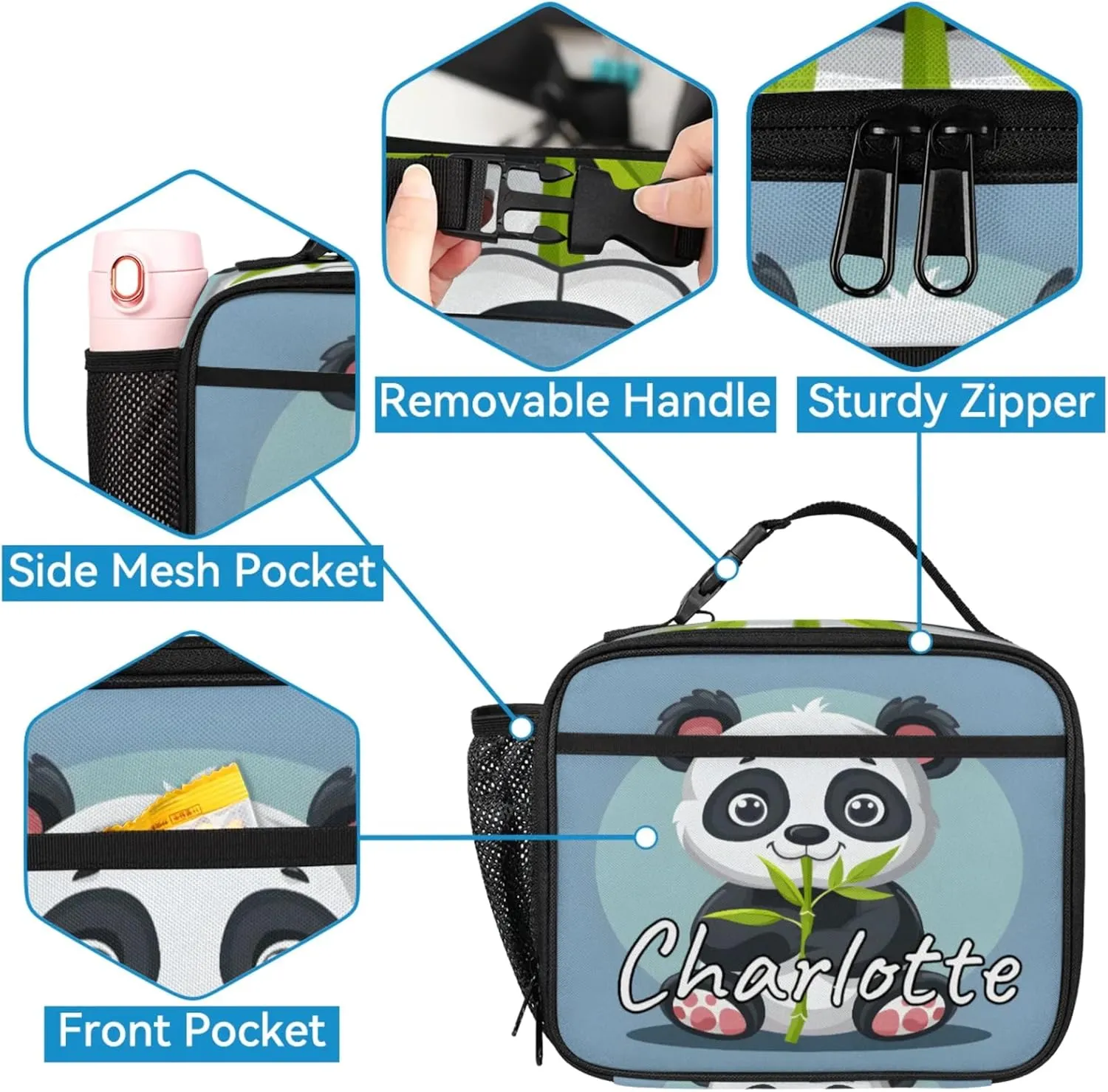 Custom Asian Panda Backpack and Lunch Box Set Personalized Backpack with Name, Customized Cute Pandas Lightweight Waterproof Travel Casual Daypacks