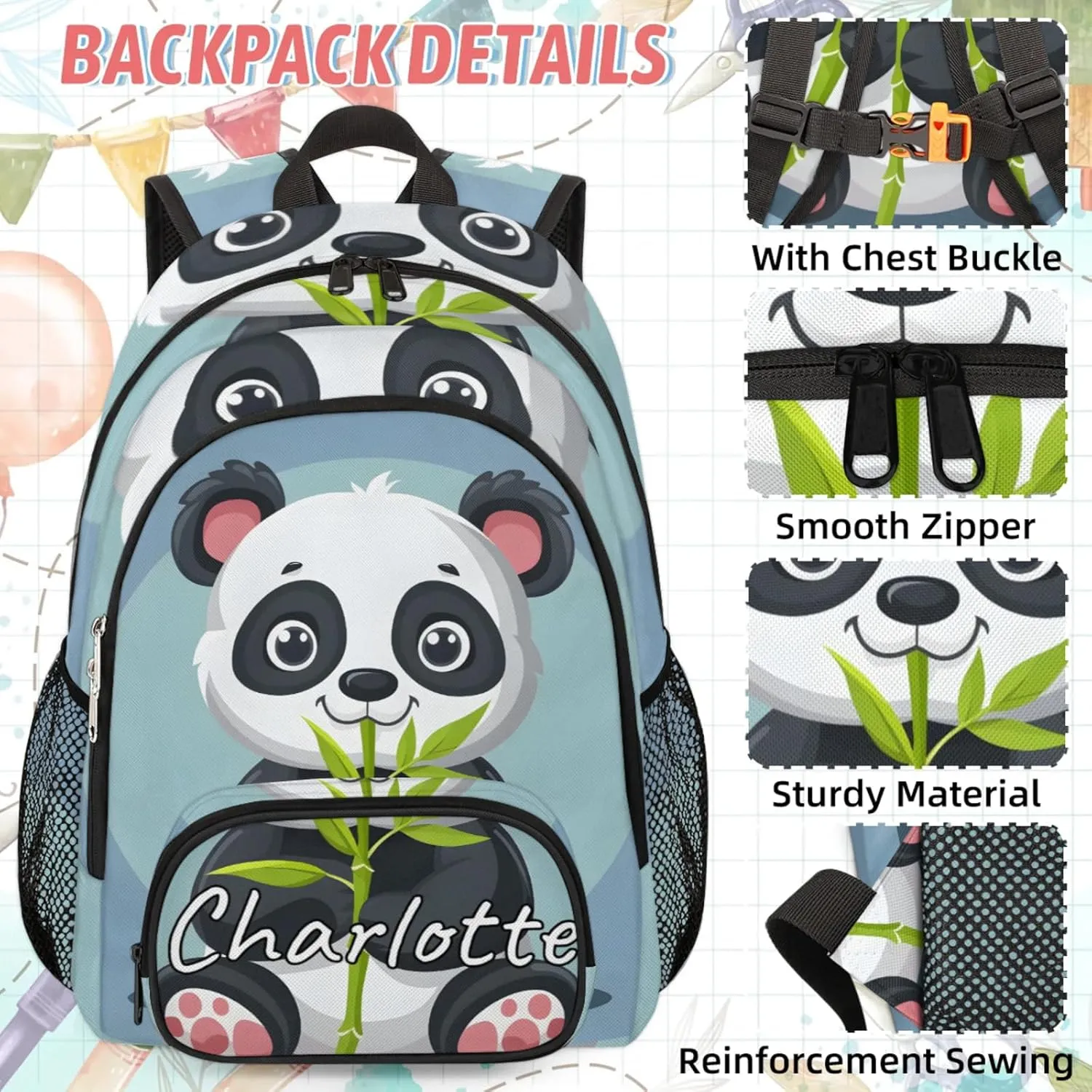 Custom Asian Panda Backpack and Lunch Box Set Personalized Backpack with Name, Customized Cute Pandas Lightweight Waterproof Travel Casual Daypacks