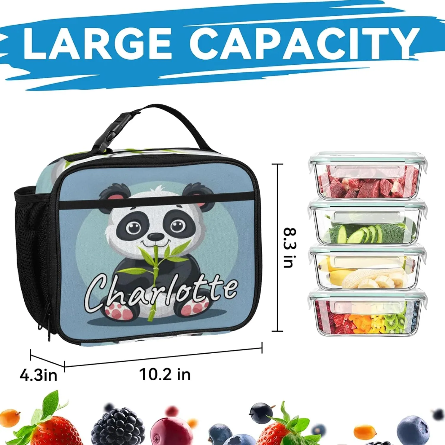 Custom Asian Panda Backpack and Lunch Box Set Personalized Backpack with Name, Customized Cute Pandas Lightweight Waterproof Travel Casual Daypacks