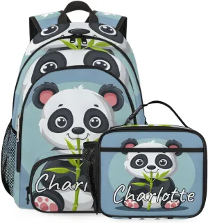 Custom Asian Panda Backpack and Lunch Box Set Personalized Backpack with Name, Customized Cute Pandas Lightweight Waterproof Travel Casual Daypacks