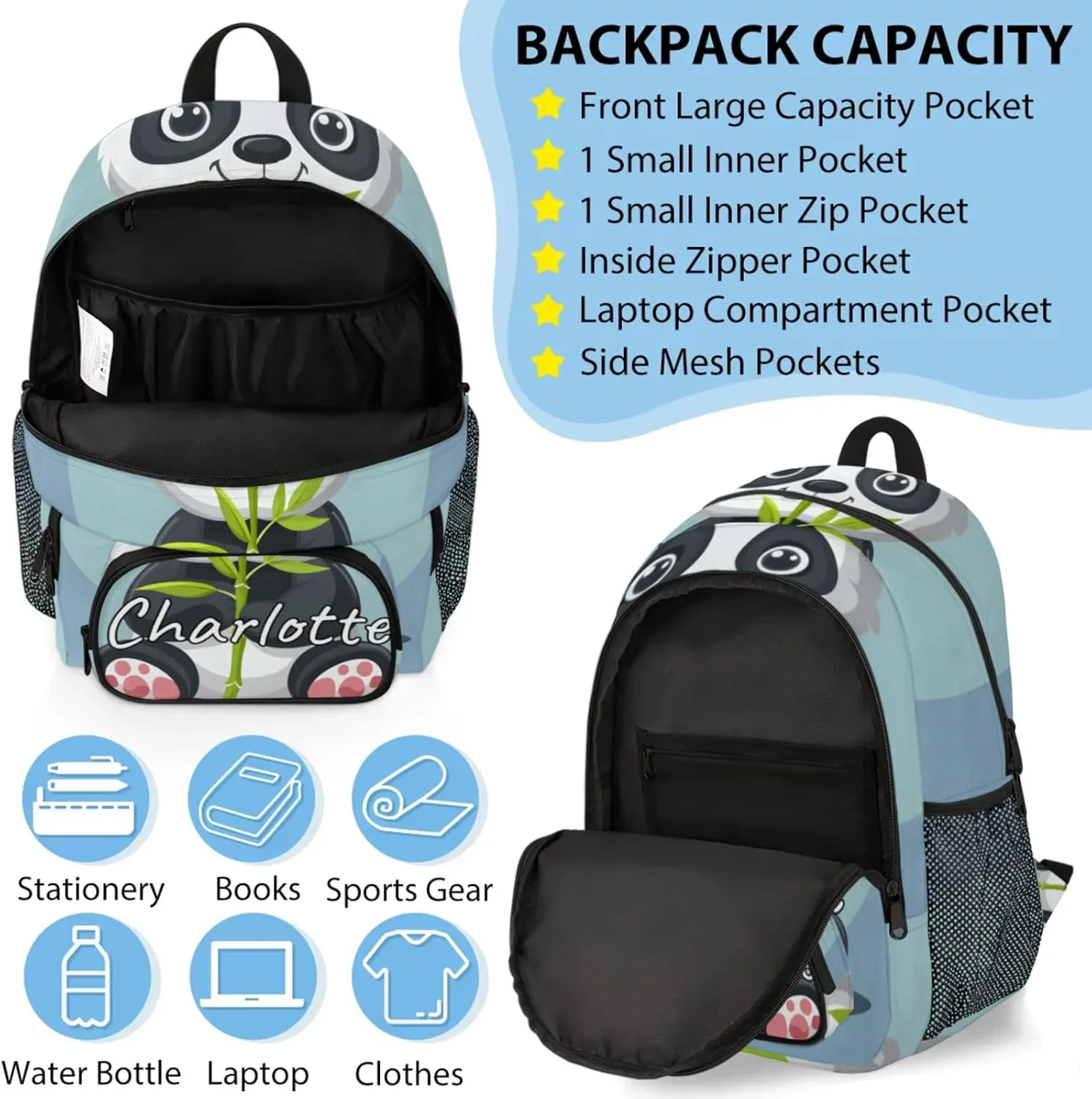 Custom Asian Panda Backpack and Lunch Box Set Personalized Backpack with Name, Customized Cute Pandas Lightweight Waterproof Travel Casual Daypacks