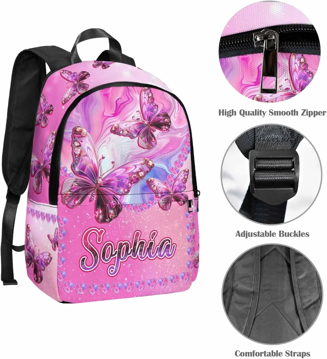 Custom Backpacks Bookbag for Girls Kids, Personalized School Bags with Lunch Bag Water Bottle, Pink Butterfly Customized Backpack Toddler Preschool Daypacks Back to School Shoulder Bags