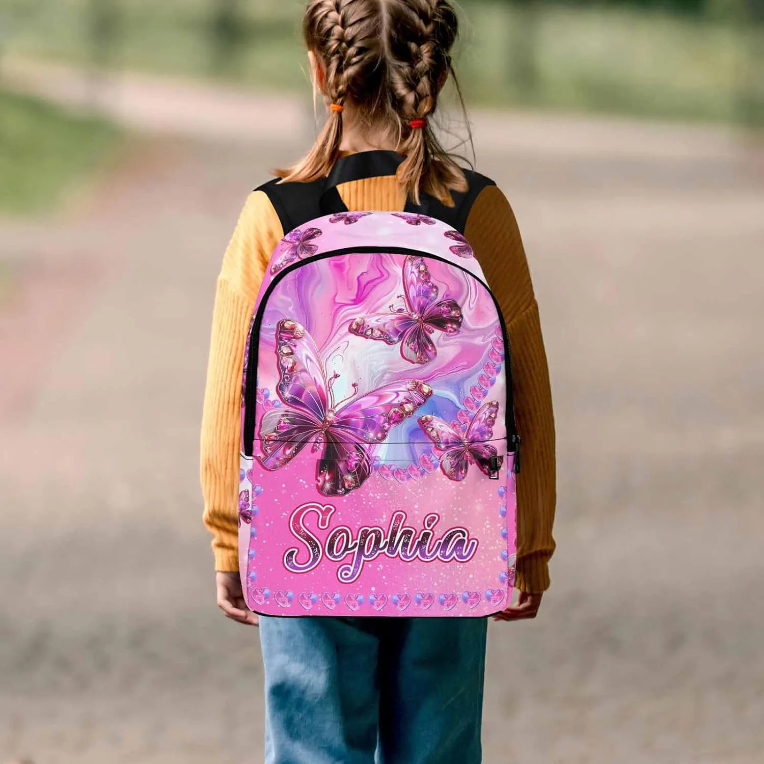 Custom Backpacks Bookbag for Girls Kids, Personalized School Bags with Lunch Bag Water Bottle, Pink Butterfly Customized Backpack Toddler Preschool Daypacks Back to School Shoulder Bags