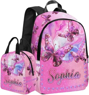 Custom Backpacks Bookbag for Girls Kids, Personalized School Bags with Lunch Bag Water Bottle, Pink Butterfly Customized Backpack Toddler Preschool Daypacks Back to School Shoulder Bags
