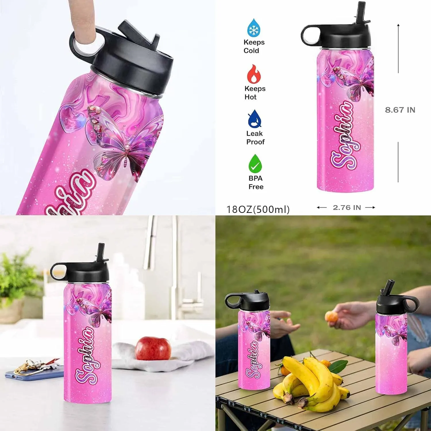 Custom Backpacks Bookbag for Girls Kids, Personalized School Bags with Lunch Bag Water Bottle, Pink Butterfly Customized Backpack Toddler Preschool Daypacks Back to School Shoulder Bags