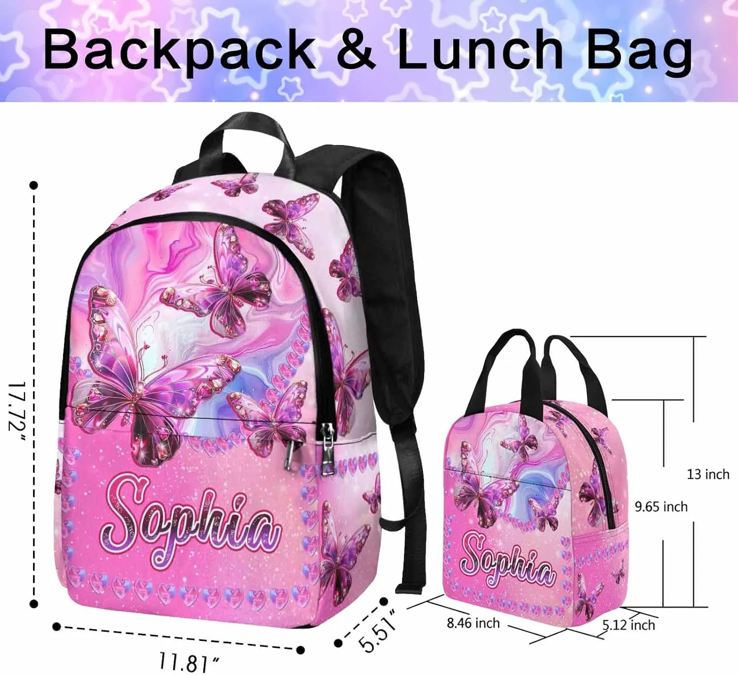 Custom Backpacks Bookbag for Girls Kids, Personalized School Bags with Lunch Bag Water Bottle, Pink Butterfly Customized Backpack Toddler Preschool Daypacks Back to School Shoulder Bags