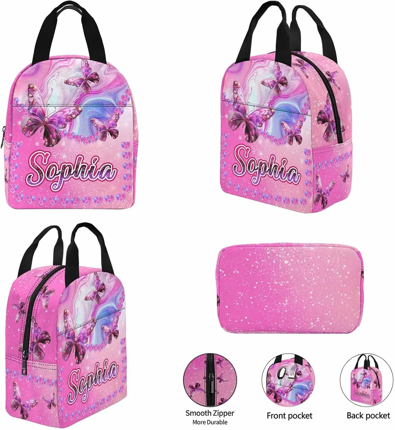 Custom Backpacks Bookbag for Girls Kids, Personalized School Bags with Lunch Bag Water Bottle, Pink Butterfly Customized Backpack Toddler Preschool Daypacks Back to School Shoulder Bags