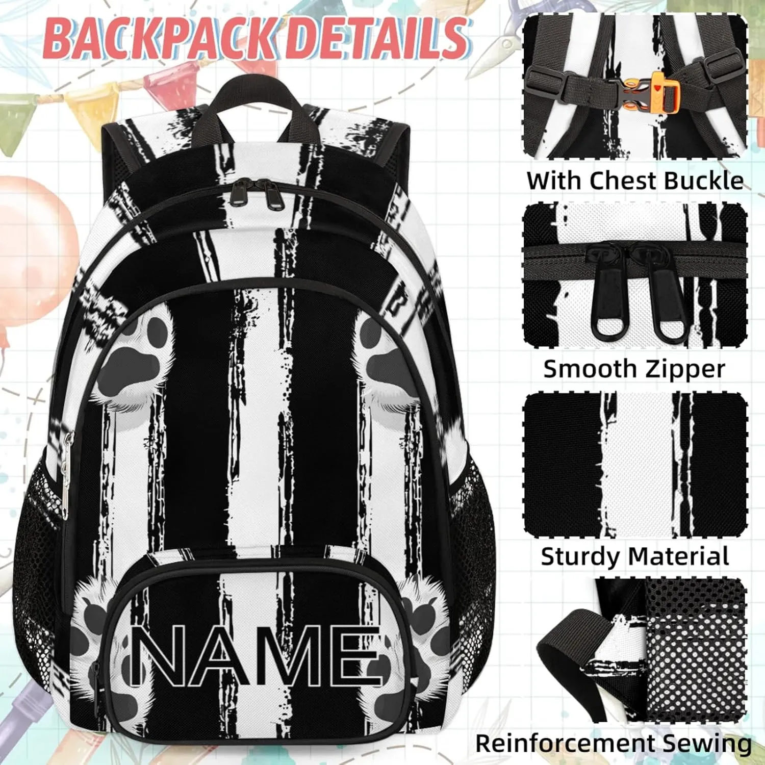 Custom Black White Paw Print Backpack and Lunch Box Set Personalized Backpack with Name, Customized Modern Stripe Lightweight Waterproof Travel Casual Daypacks