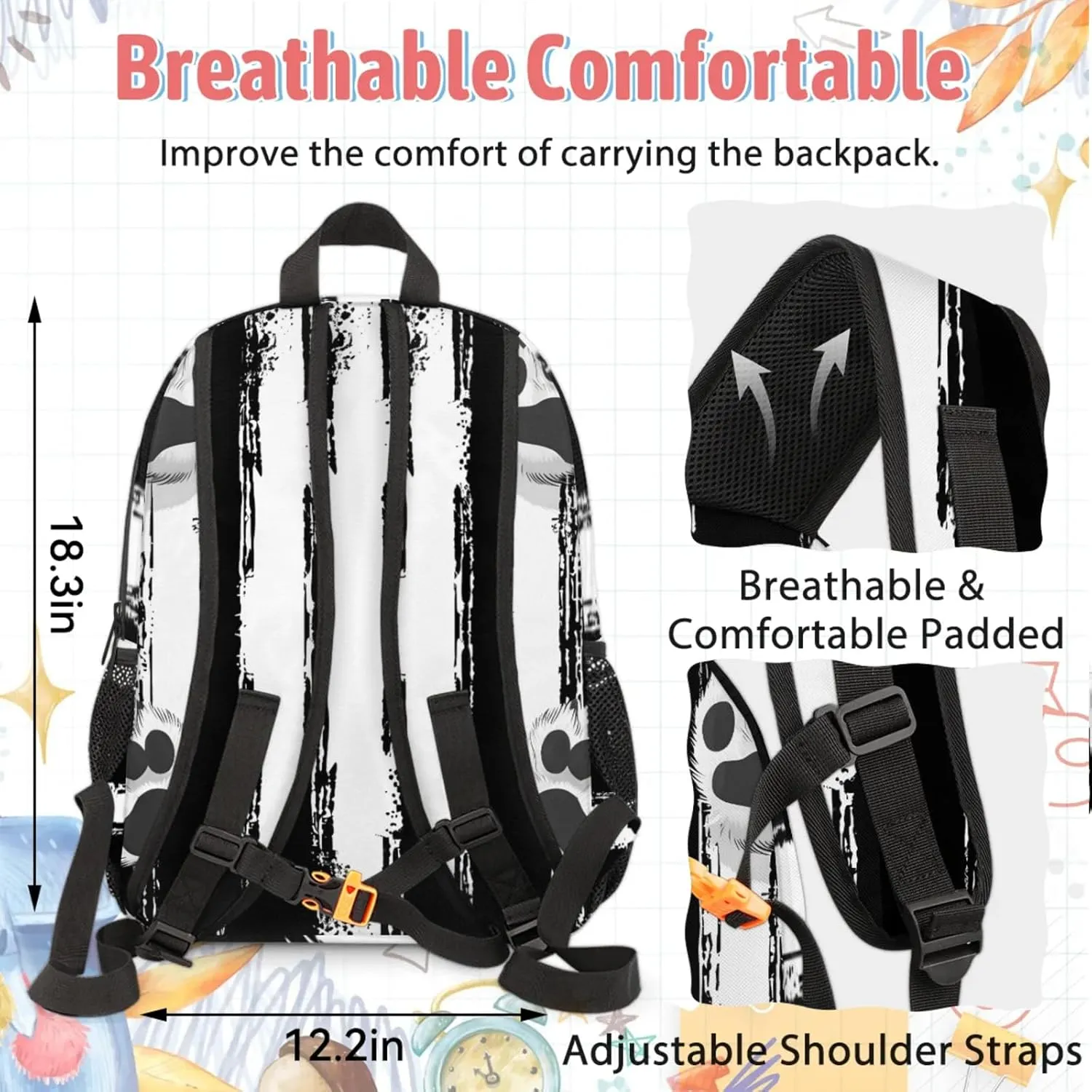 Custom Black White Paw Print Backpack and Lunch Box Set Personalized Backpack with Name, Customized Modern Stripe Lightweight Waterproof Travel Casual Daypacks