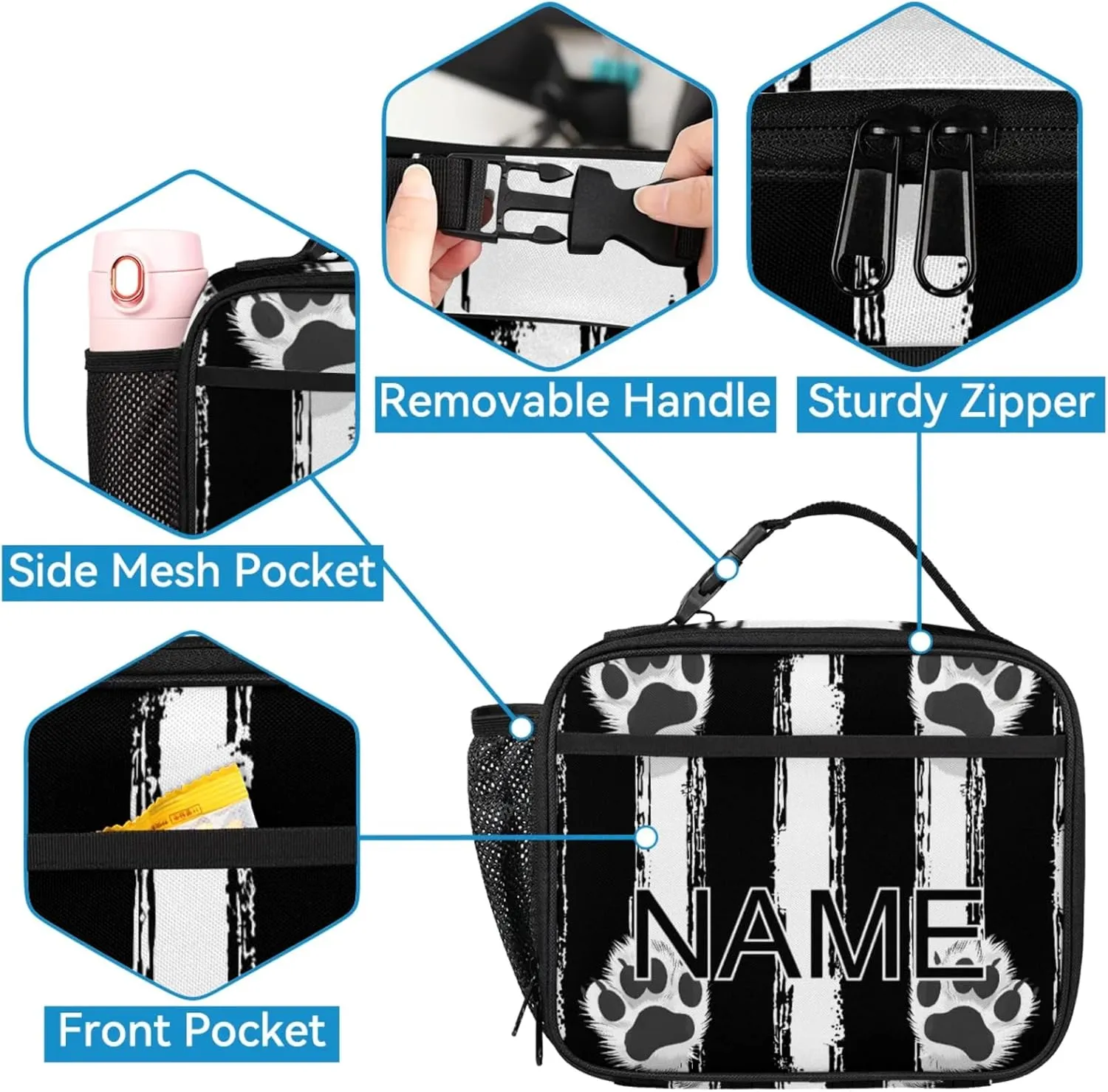Custom Black White Paw Print Backpack and Lunch Box Set Personalized Backpack with Name, Customized Modern Stripe Lightweight Waterproof Travel Casual Daypacks