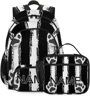 Custom Black White Paw Print Backpack and Lunch Box Set Personalized Backpack with Name, Customized Modern Stripe Lightweight Waterproof Travel Casual Daypacks