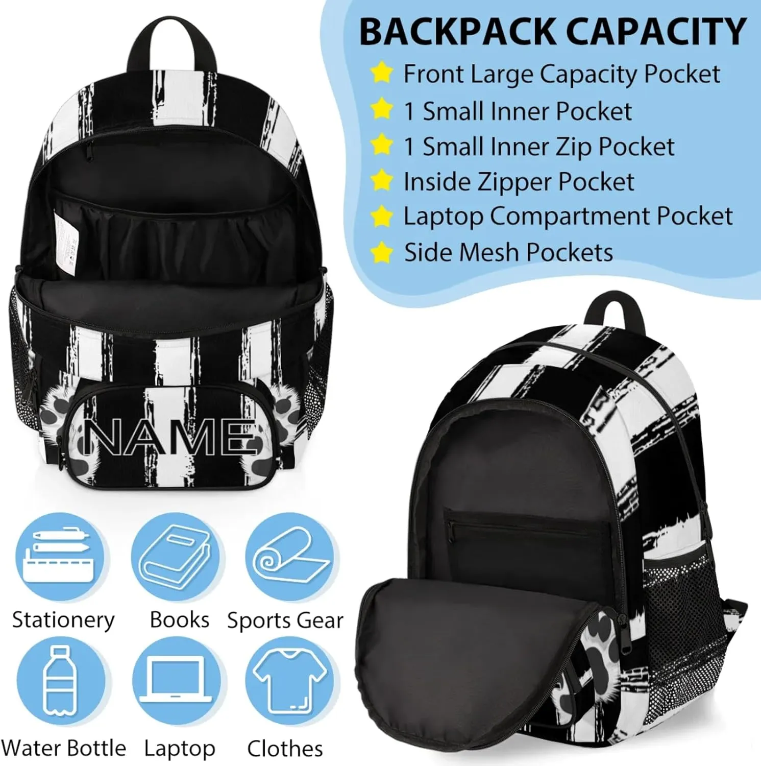 Custom Black White Paw Print Backpack and Lunch Box Set Personalized Backpack with Name, Customized Modern Stripe Lightweight Waterproof Travel Casual Daypacks