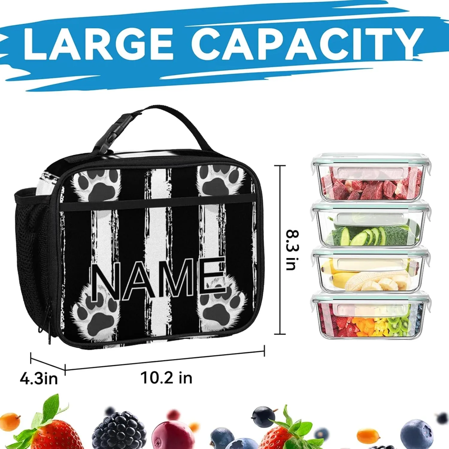 Custom Black White Paw Print Backpack and Lunch Box Set Personalized Backpack with Name, Customized Modern Stripe Lightweight Waterproof Travel Casual Daypacks
