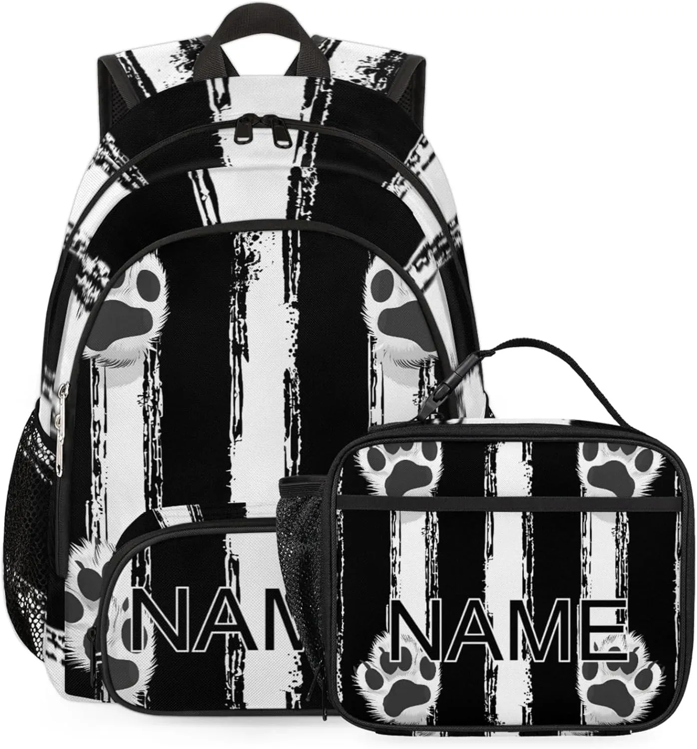 Custom Black White Paw Print Backpack and Lunch Box Set Personalized Backpack with Name, Customized Modern Stripe Lightweight Waterproof Travel Casual Daypacks