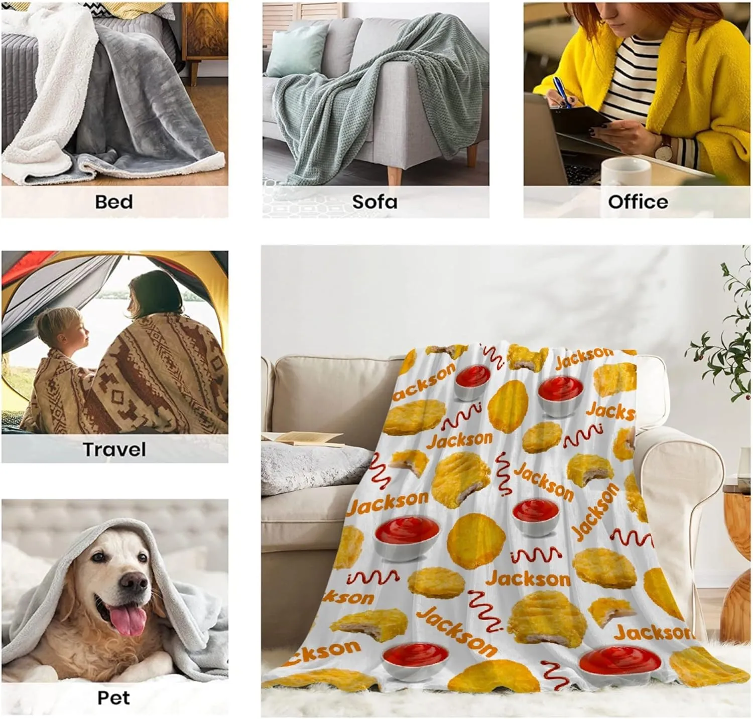 Custom Blanket with Name,Personalized Chicken Nugget Throw Blankets,Customized Swaddle Blanket for Girls Boys Kid Baby Newborn Toddler Kid Name Blanket Birthday Gift,60"x80"-Queen Size for Adults