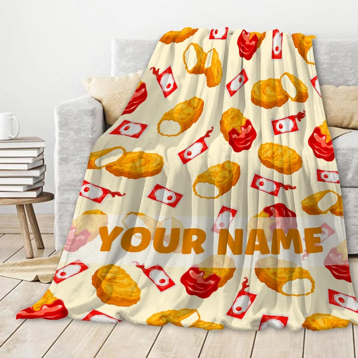 Custom Blanket with Name,Personalized Chicken Nugget Throw Blankets,Customized Swaddle Blanket for Girls Boys Kid Baby Newborn Toddler Kid Name Blanket Birthday Gift,60"x80"-Queen Size for Adults