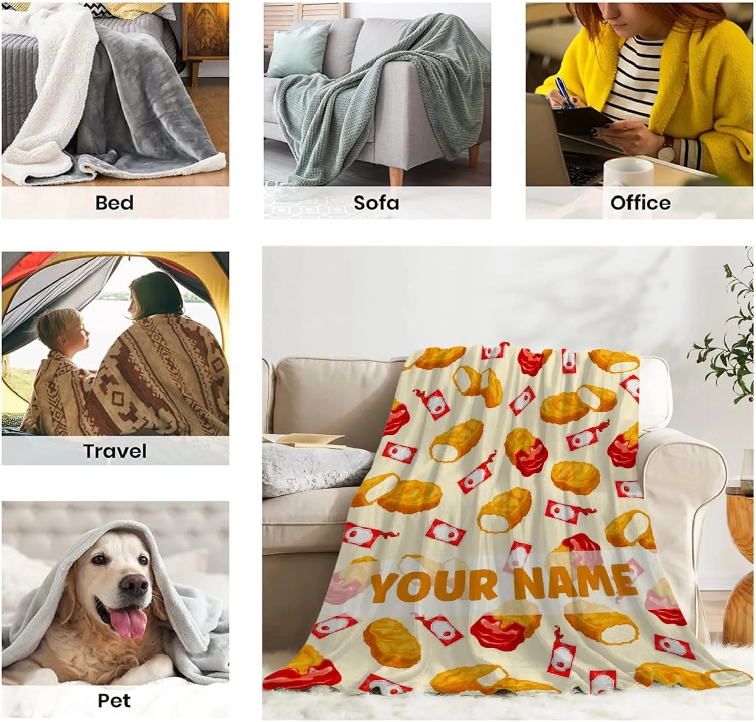 Custom Blanket with Name,Personalized Chicken Nugget Throw Blankets,Customized Swaddle Blanket for Girls Boys Kid Baby Newborn Toddler Kid Name Blanket Birthday Gift,60"x80"-Queen Size for Adults