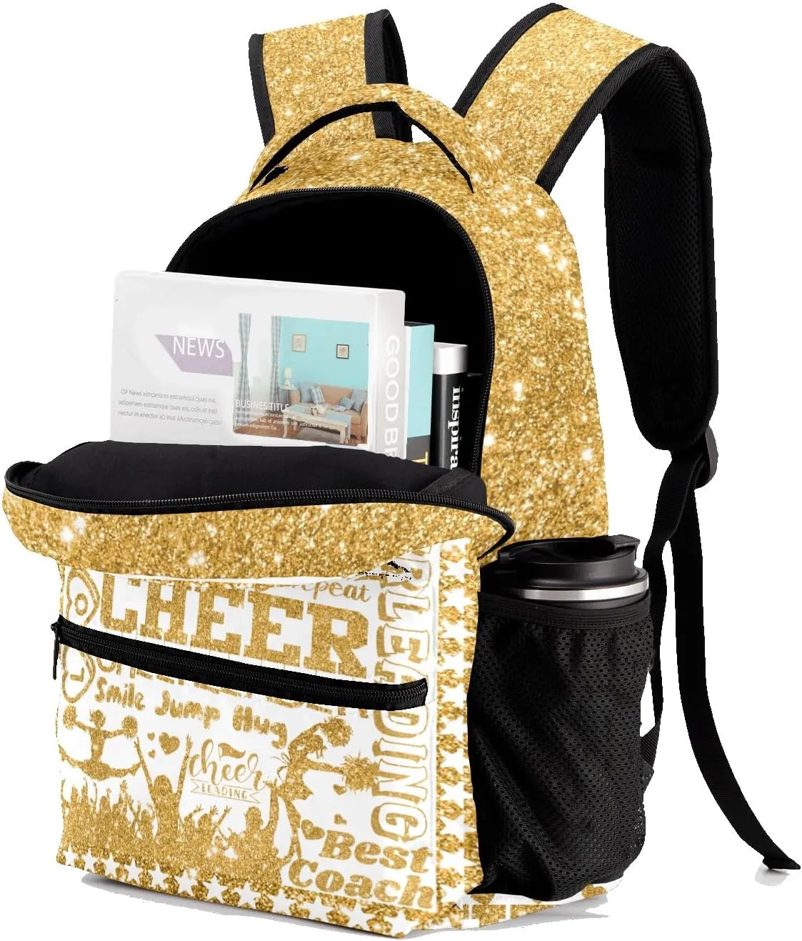 Custom Cheer Golden Yellow Glitter Print Kids' Backpack Personalized Child Daypacks Shoulder Bag for Primary Junior High University Gift
