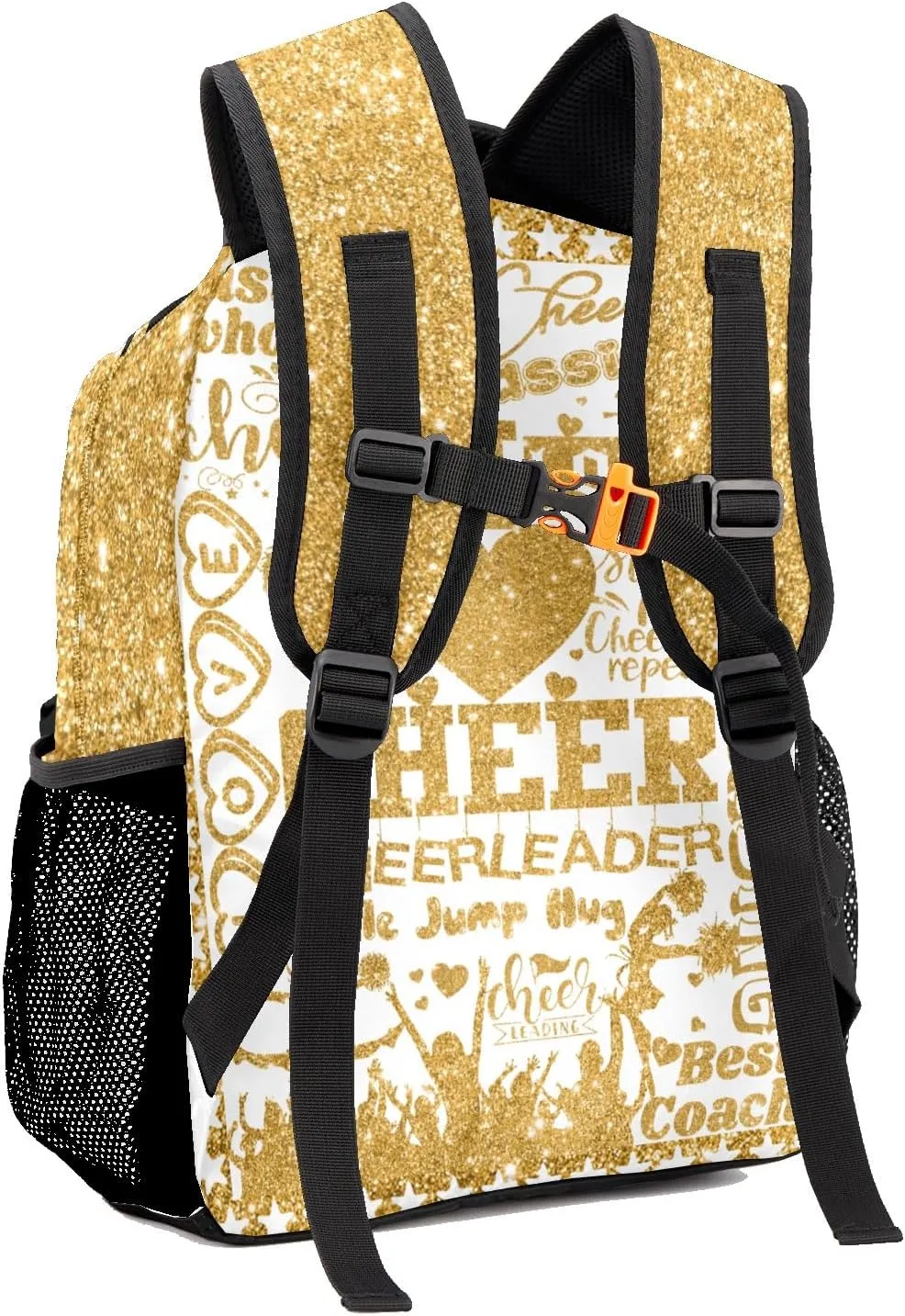 Custom Cheer Golden Yellow Glitter Print Kids' Backpack Personalized Child Daypacks Shoulder Bag for Primary Junior High University Gift