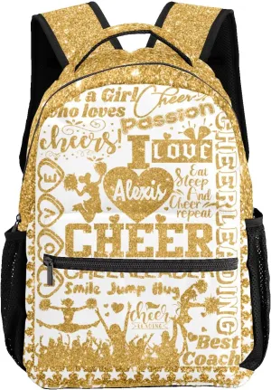 Custom Cheer Golden Yellow Glitter Print Kids' Backpack Personalized Child Daypacks Shoulder Bag for Primary Junior High University Gift