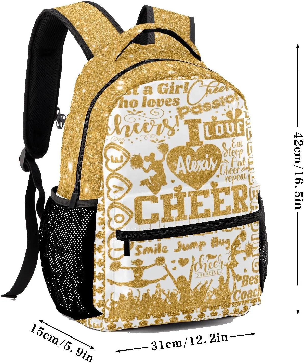 Custom Cheer Golden Yellow Glitter Print Kids' Backpack Personalized Child Daypacks Shoulder Bag for Primary Junior High University Gift