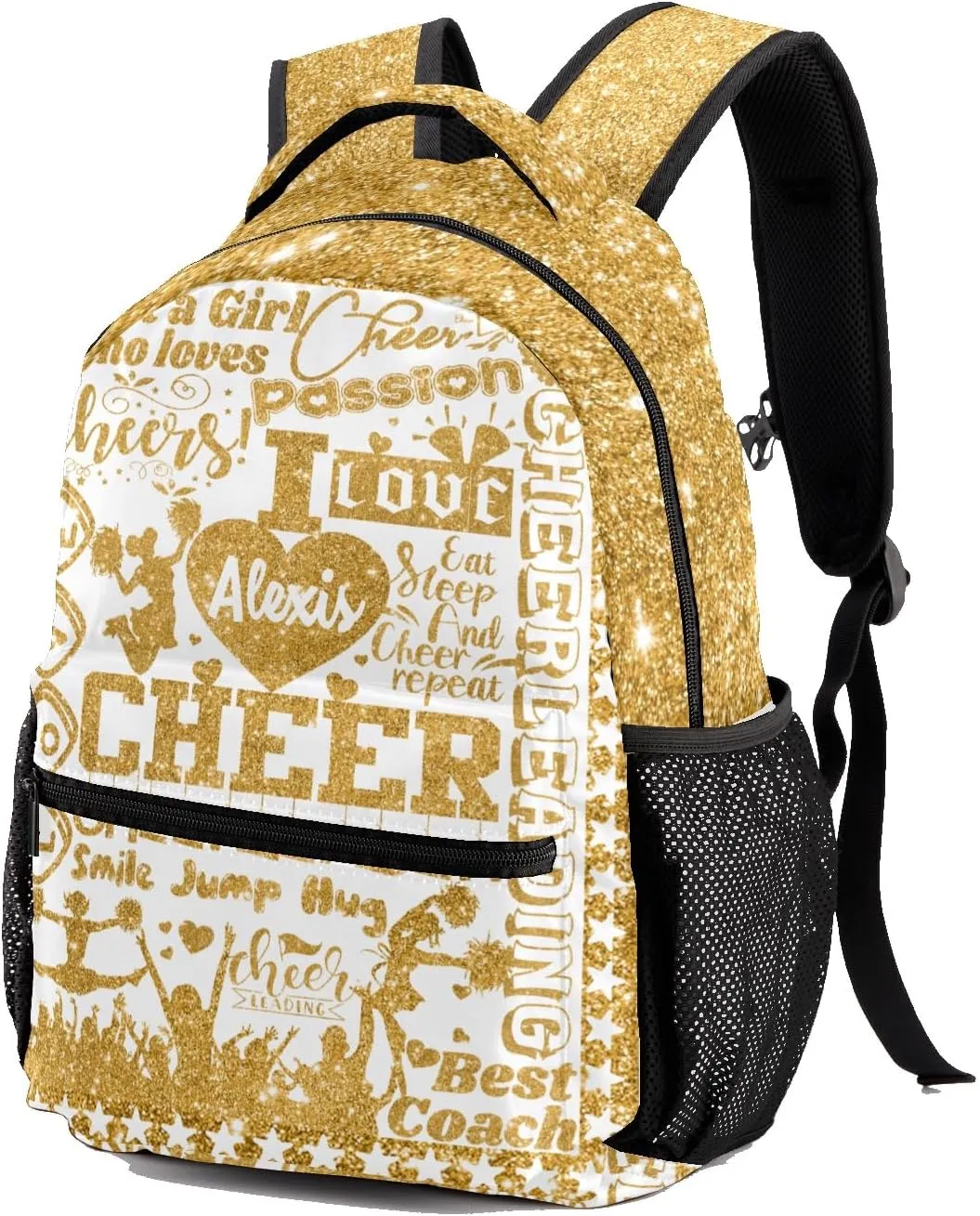 Custom Cheer Golden Yellow Glitter Print Kids' Backpack Personalized Child Daypacks Shoulder Bag for Primary Junior High University Gift