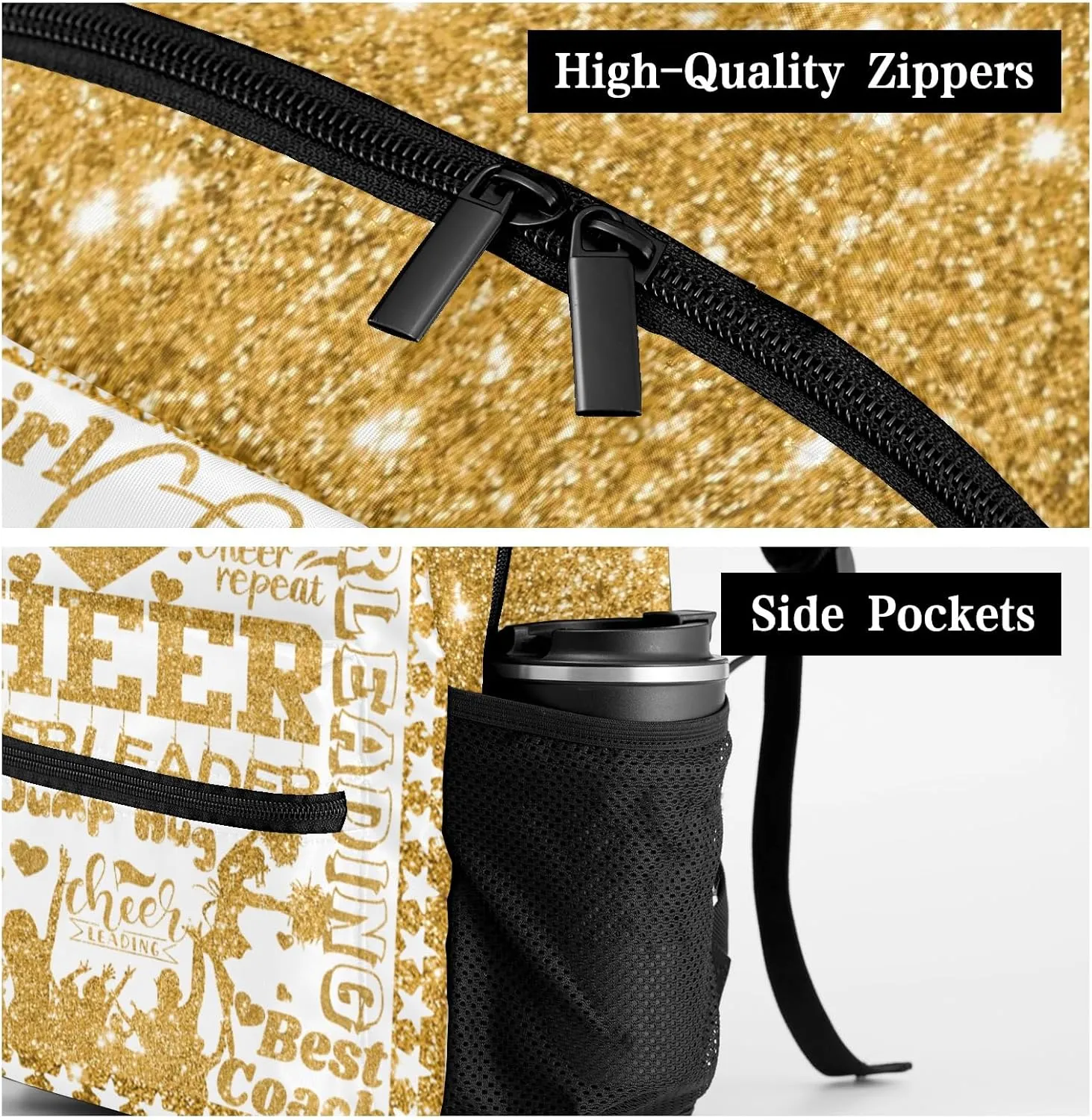 Custom Cheer Golden Yellow Glitter Print Kids' Backpack Personalized Child Daypacks Shoulder Bag for Primary Junior High University Gift