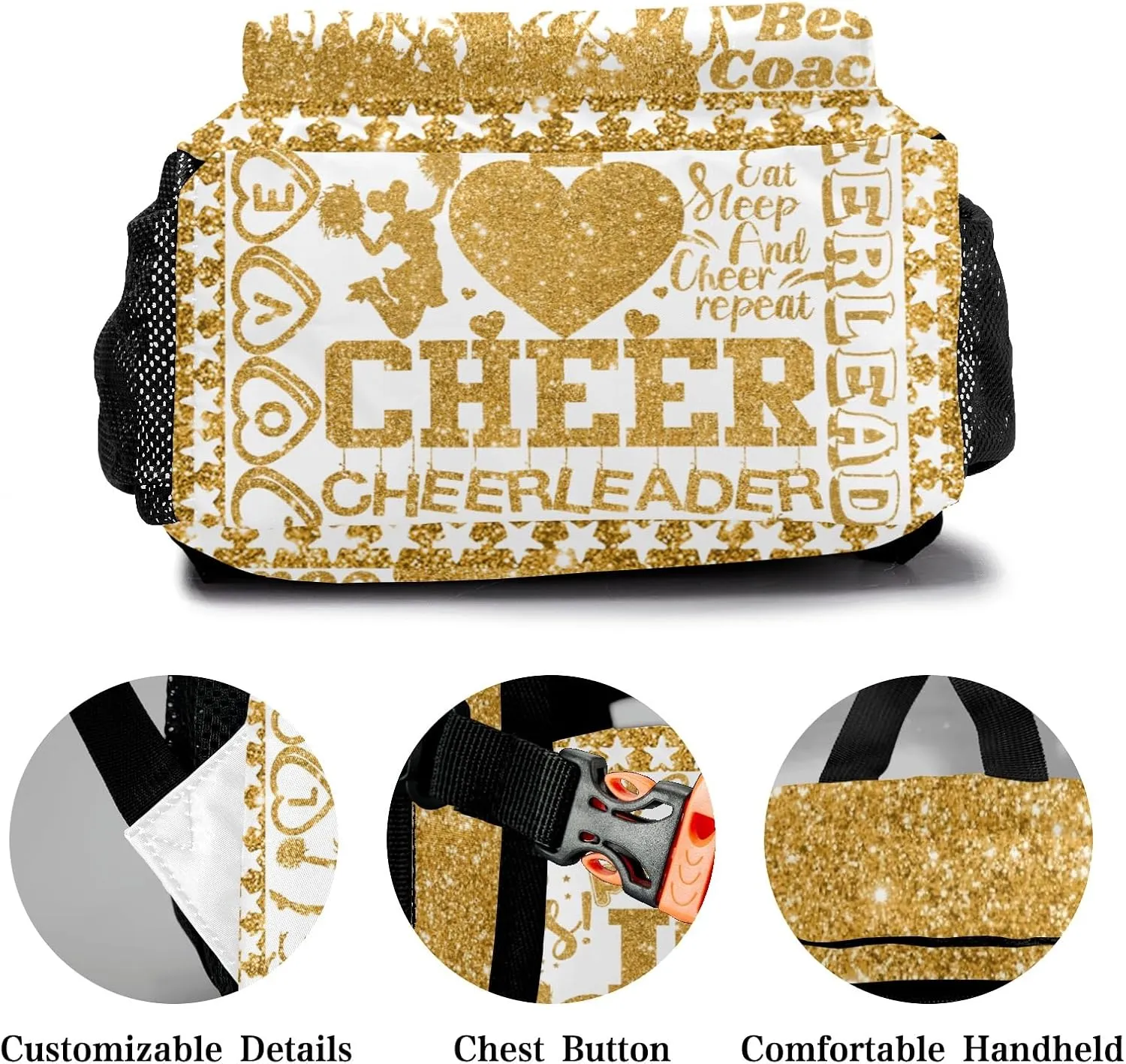 Custom Cheer Golden Yellow Glitter Print Kids' Backpack Personalized Child Daypacks Shoulder Bag for Primary Junior High University Gift