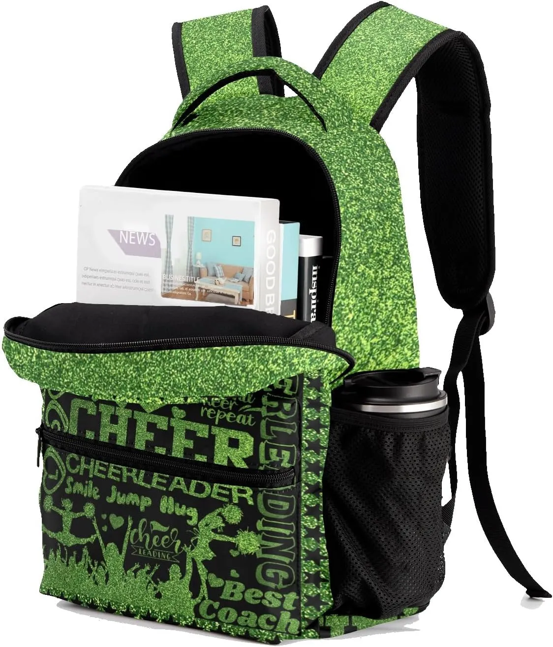 Custom Cheerleader Green Sparkle Print Kids' Backpack Personalized Child Daypacks Shoulder Bag for Primary Junior High University Gift