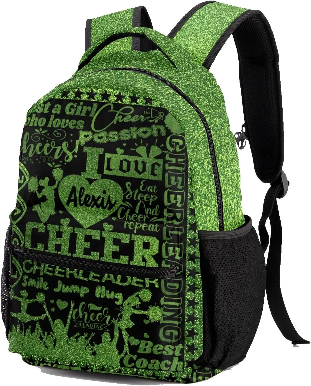 Custom Cheerleader Green Sparkle Print Kids' Backpack Personalized Child Daypacks Shoulder Bag for Primary Junior High University Gift