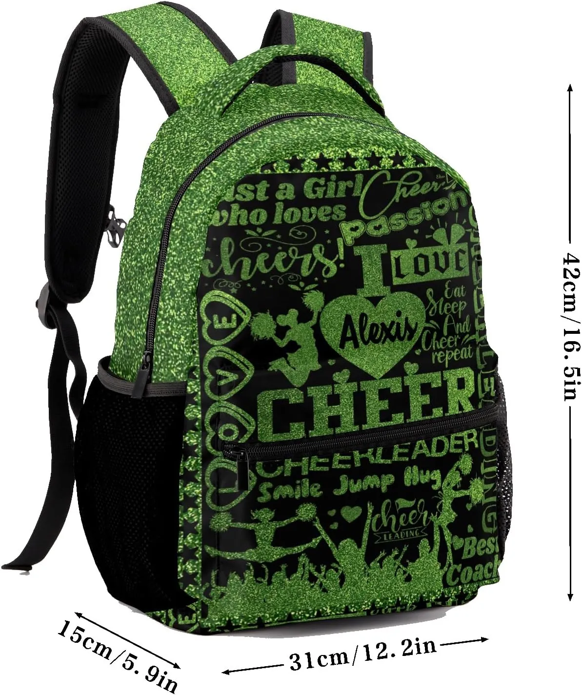 Custom Cheerleader Green Sparkle Print Kids' Backpack Personalized Child Daypacks Shoulder Bag for Primary Junior High University Gift